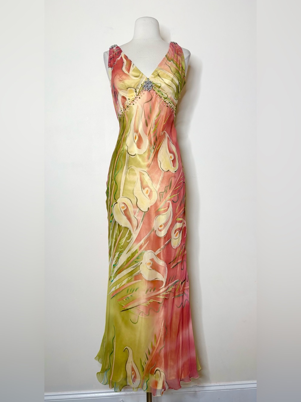 Y2K Alice Designs Silk Vintage Maxi Sleeveless Dress Beaded Rhinestone